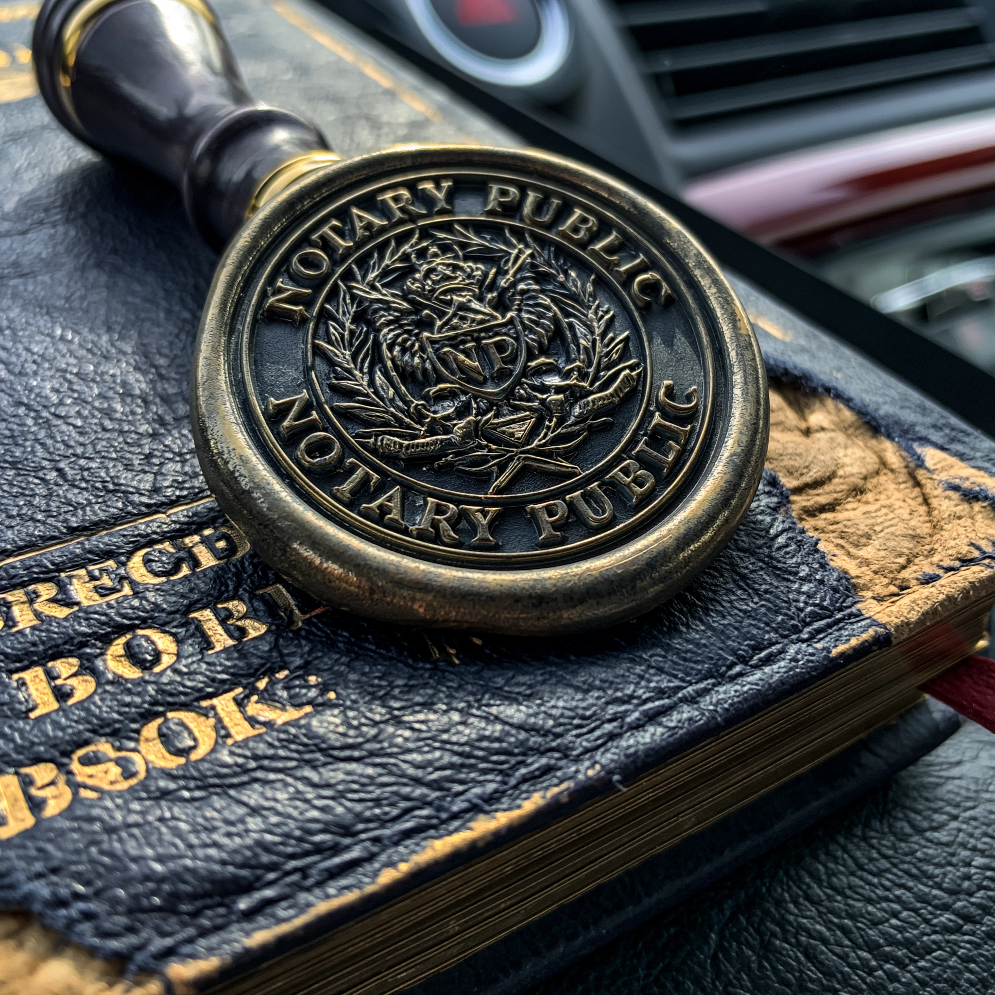 Notary record book and seal on a vehicle dashboard, set up as a workspace between appointments